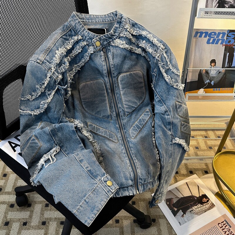 2024 New American Niche Retro Heavy Tassel Raw Edge Shoulder Pad Motorcycle Jacket Jacket Design Sense Short Trendy 2024 New American Niche Retro Heavy Tassel Raw Edge Shoulder Pad Motorcycle Jacket Jacket Design Sense Short Trendy