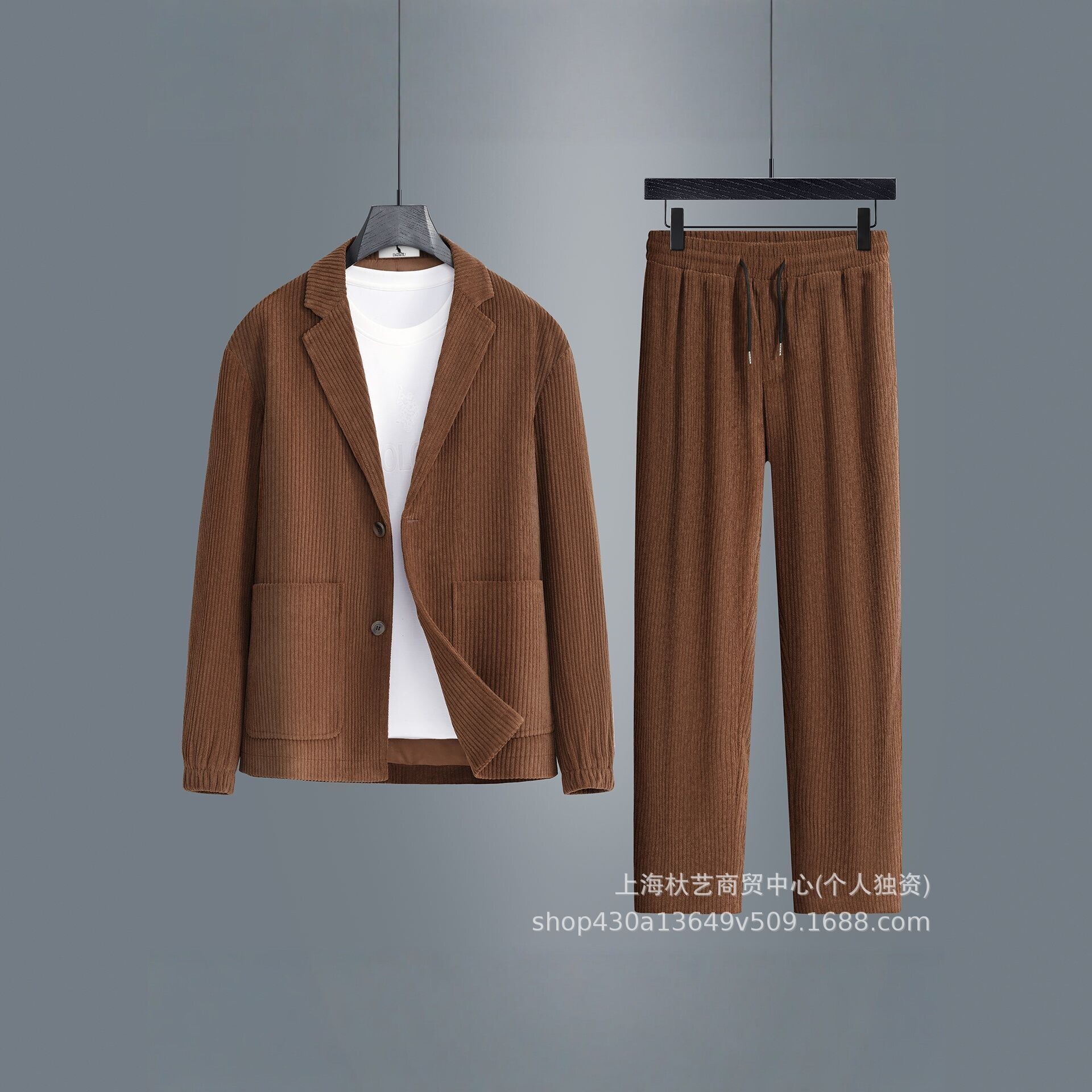 New Autumn/Winter Business Suit: High-End Long-Sleeved Suit, Casual Drawstring Wide-Leg Trousers, Corduroy Two-Piece Set