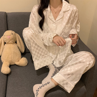Spring and Autumn Pajamas Women's Autumn Ice Silk Long Sleeve Two-Piece Set Women's 2022 New Summer Thin Silk Home Clothes