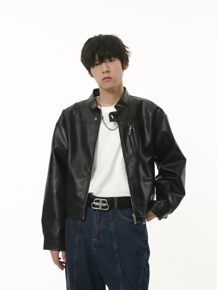 MTLCLOTHES Hombres| 2023 otoño vintage locomotora chaqueta de cuero negro abrigo corto suelto pu piel de moda