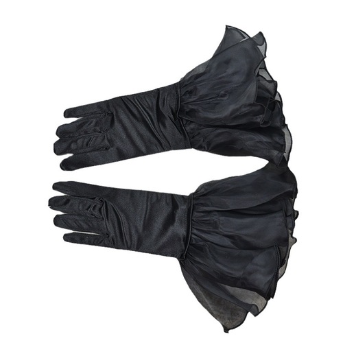 Evening Gloves Black Satin Gloves Ruffled Elastic Wedding Dress Dinner Accessories Elegant Hepburn Style Winter