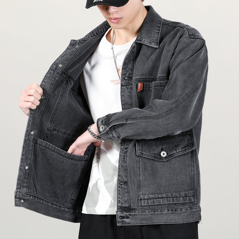 Autumn and Winter Denim Jacket for Men 2024, Turn-Down Collar, Multi-Pocket Denim Coat, Large Size, Trendy Brand Workwear Jacket, Korean Style