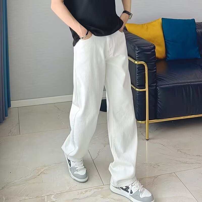 Hong Kong Style White Jeans for Men in Autumn Trendy Brand High-End High Street Casual Simple Loose Drape Wide-Leg Straight Pants