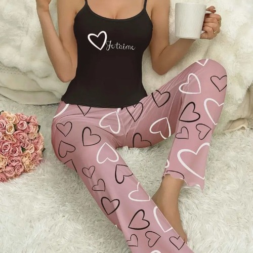 Two-Piece Short-Sleeve Legging Pajamas with Multicolor Print for Summer Women - Thin and Comfortable Home Wear