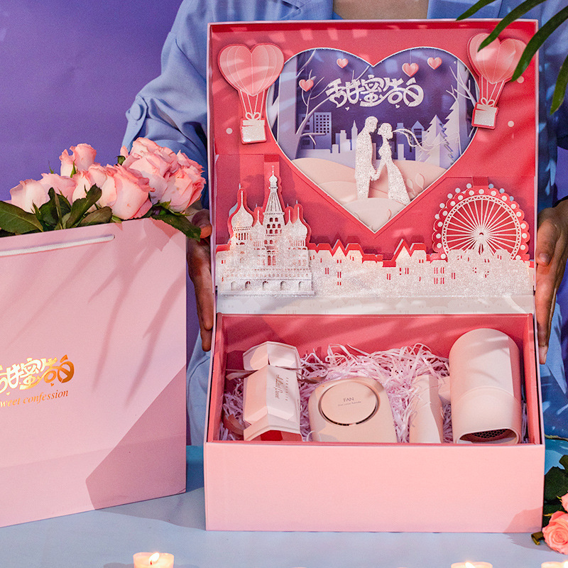 En stock caja tridimensional creativa caja de regalo Rosa Día de San Valentín caja de regalo Qixi para niñas caja de embalaje de cosméticos