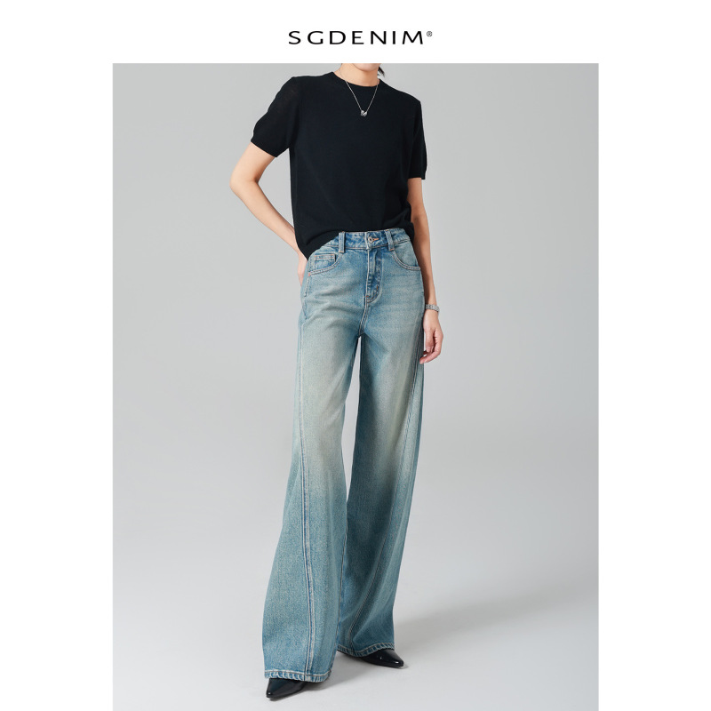 Deconstructed Design/Retro Light Blue High-Waisted Jeans for Women, Slimming Loose Straight Wide-Leg Pants, New Spring 2026 Fashion
