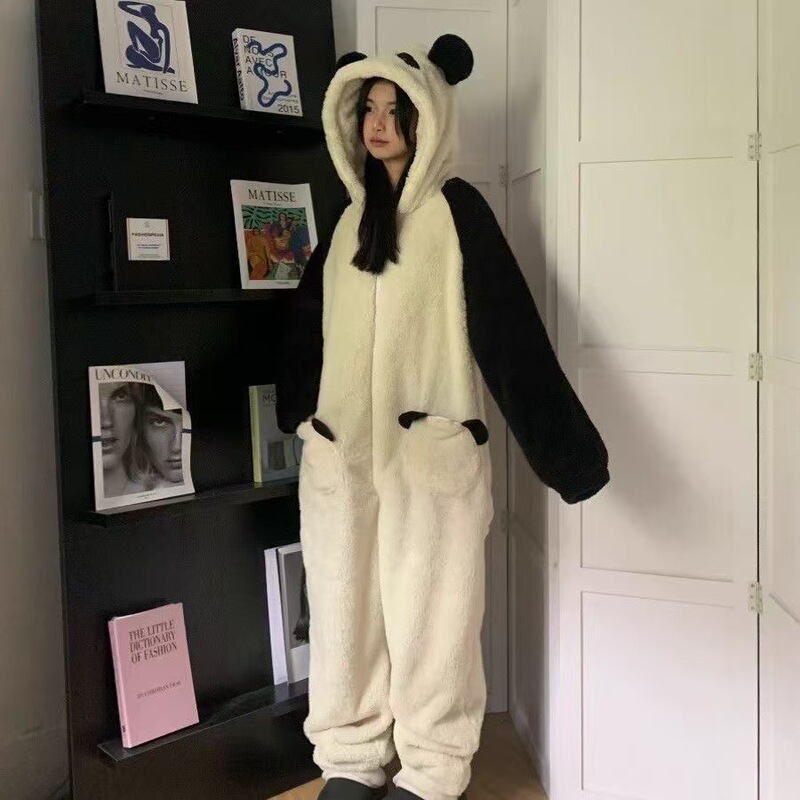 珊瑚绒2025新款加绒加厚连体睡衣女秋冬款可爱小熊猫家居服可外穿|undefined