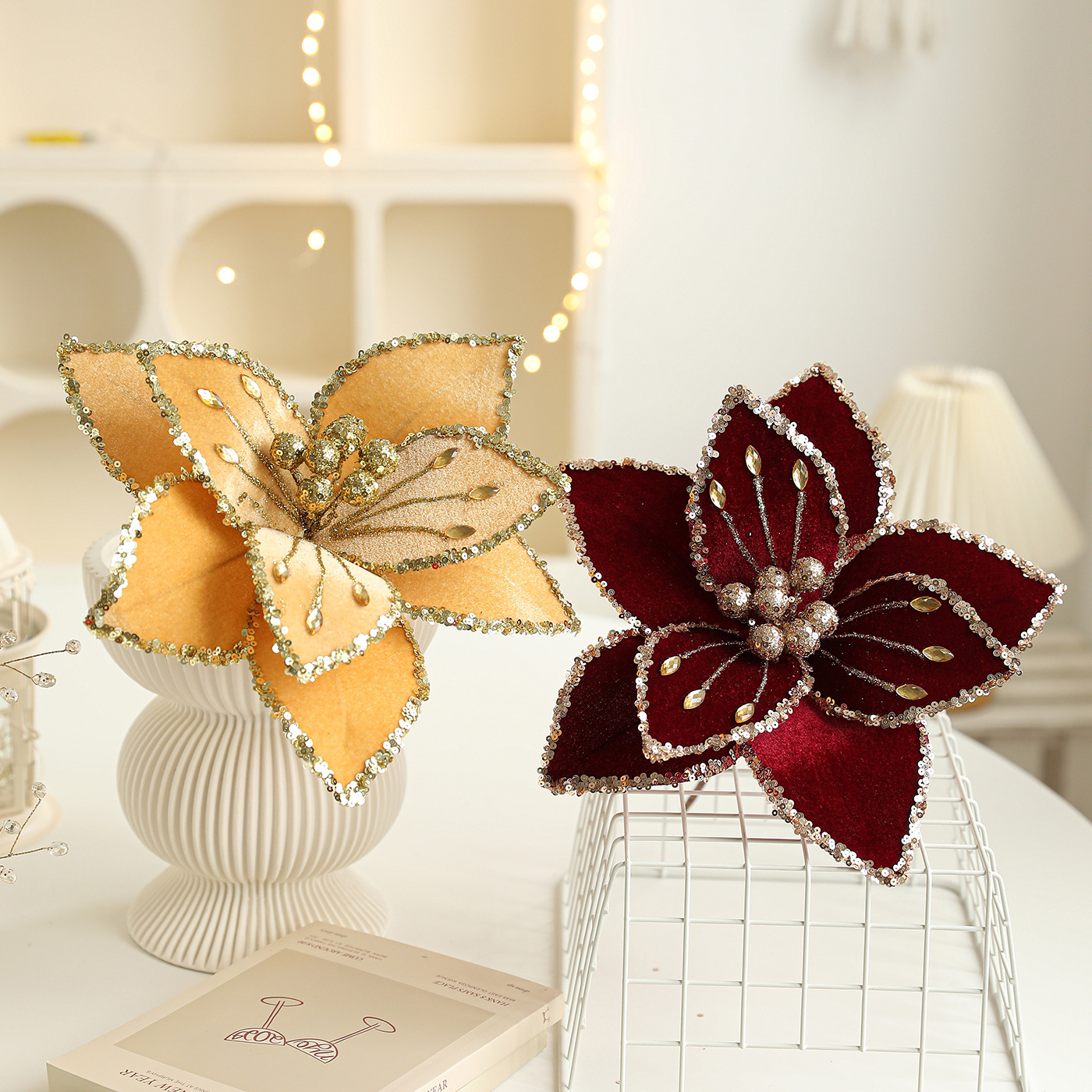 Nuevo producto 26CM tela de alta calidad flores de Navidad polvo de oro flor de polvo de polvo flor de Navidad decoración de caña de corolla