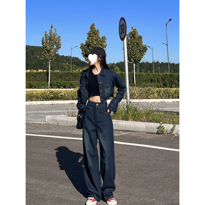 美式复古短款牛仔布外套夹克女春季高腰拖地阔腿牛仔布|undefined
