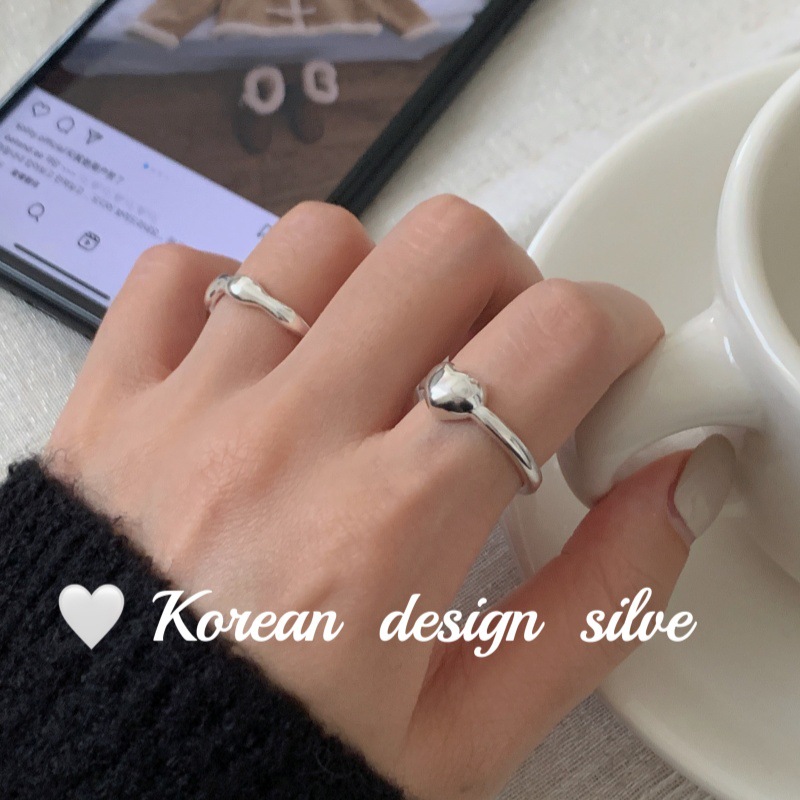 韓國簡約ins風亮銀飾品 S925純銀簡約立體愛心戒指可調節女指環