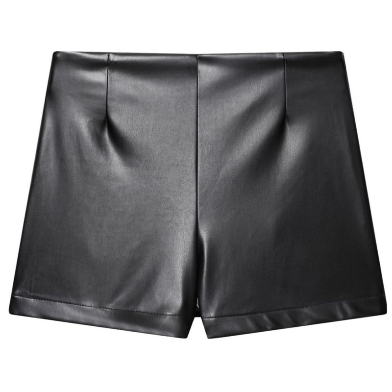 Autumn and Winter New Women's French Design Casual Zipper High-Waisted Pu Imitation Leather Sexy Motorcycle Straight Shorts Trendy