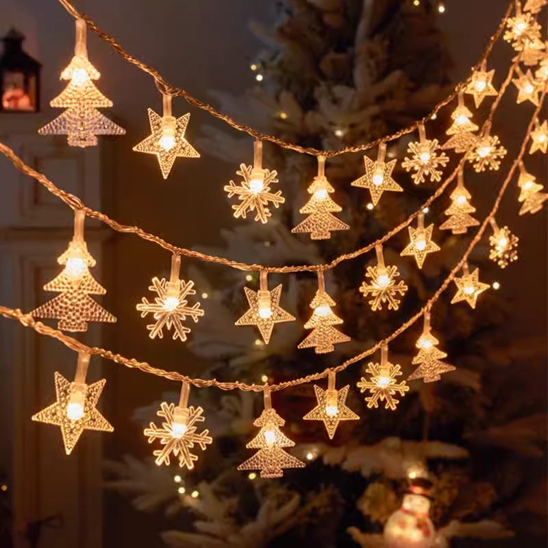 Cadena DE LUZ DE Navidad LED transfronteriza copo de nieve alce Cadena de luz del árbol de Navidad Estrella atmósfera decoración pequeña luz de color luz intermitente
