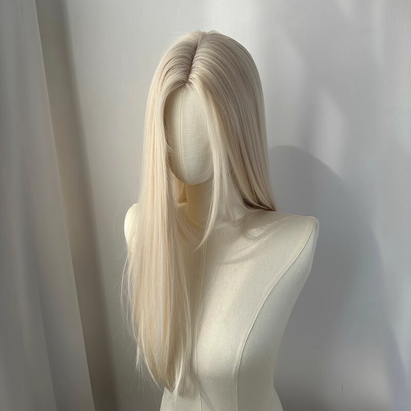 [Moonlight White] Women's Platinum Small Lace Wig Women's Long Straight Hair Natural Full Head Cover Full Wig