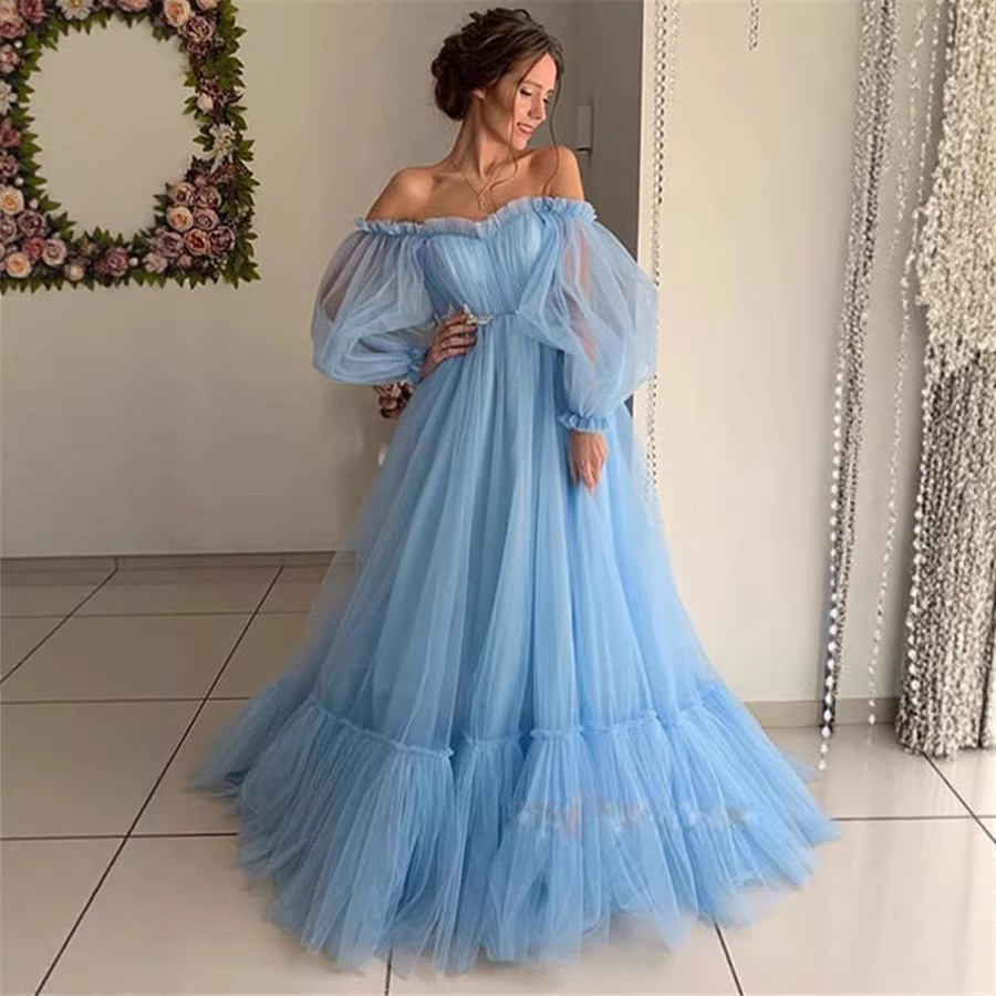 2020 New European and American Export Women's Clothing Wish One-Shoulder Mesh Long-Sleeved Wedding Dress Large Hem Dress New Style