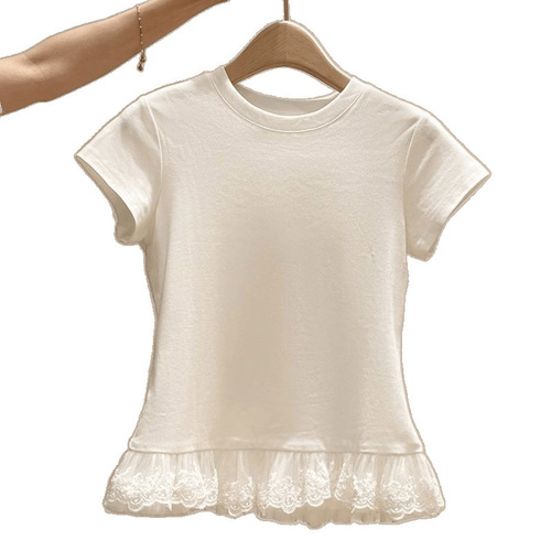 White Lace Splicing Ballet Style Short-Sleeve T-Shirt for Women - Spring and Summer New Arrival - Cross-Border Shipping - Fitted Base Layer Top