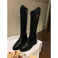 牛皮版~真皮斜口凯旋门扣带长筒靴粗跟高筒骑士靴女秋冬加绒长靴