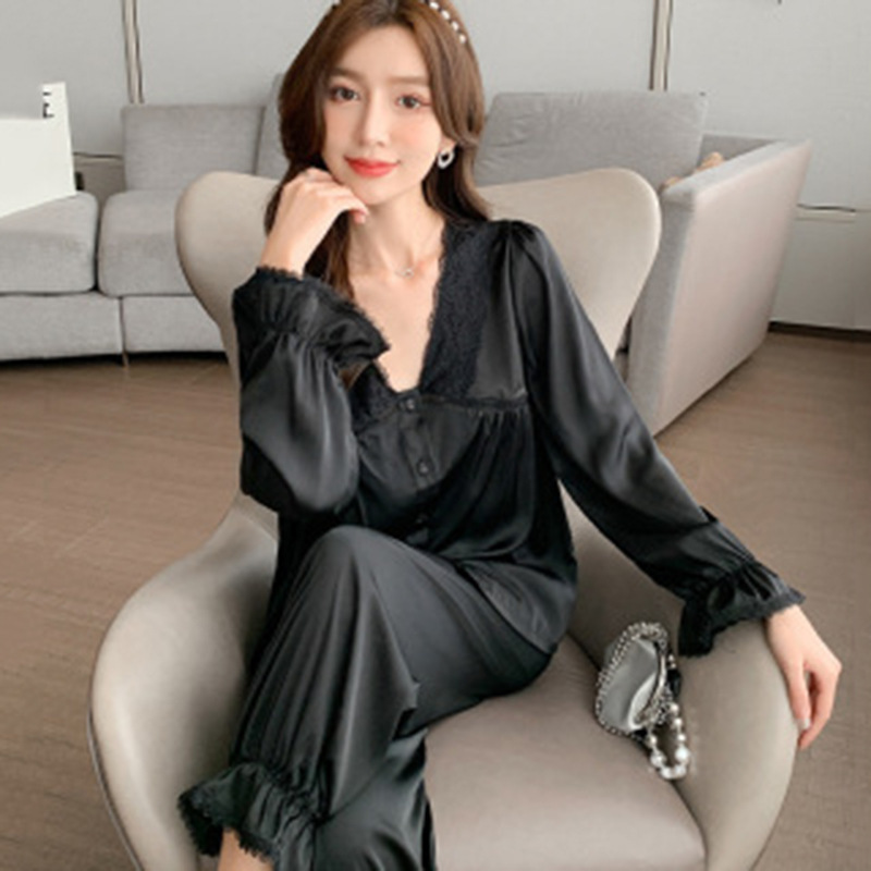 새로운 여름 소녀 단색 긴 소매 얼음 실크 한국 스타일 세트 실크 투피스 잠옷 여성 아웃웨어 도매