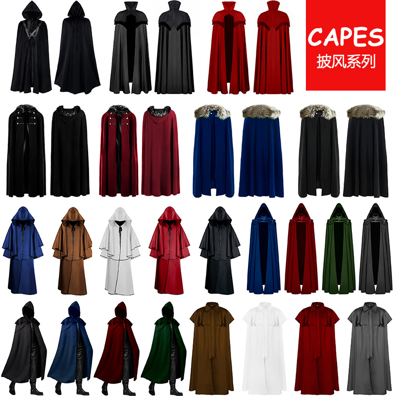 亞馬遜歐美新款萬聖誕節派對中世紀立領復古提花雙層披肩盤扣披風