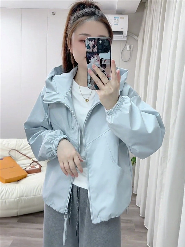 爆款蓝色双拉链冲锋衣外套女2025春秋新款小个子宽松休闲短款夹克|undefined