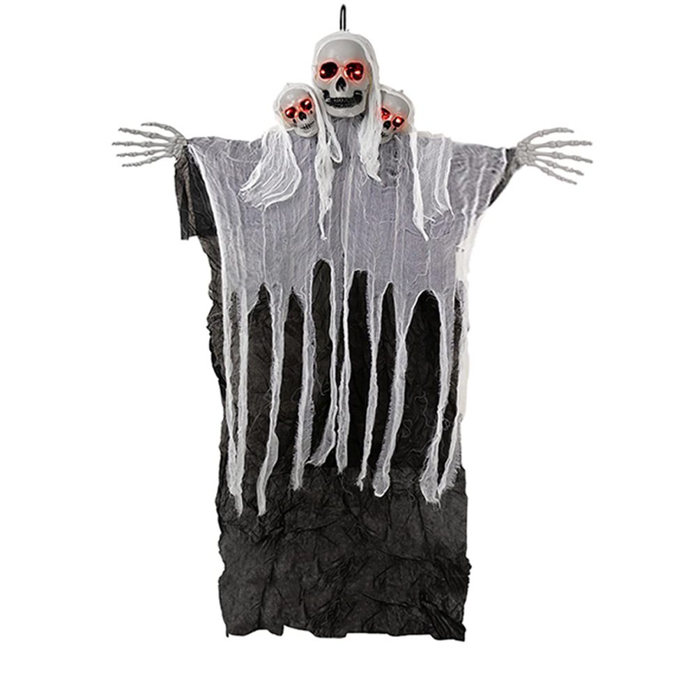 Halloween control de voz iluminado tres cabezas calavera colgante gran puerta de la habitación fantasma accesorios colgantes grandes fantasmas