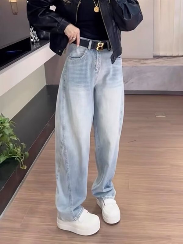 大码复古弯刀牛仔裤女春秋胖mm梨形身材宽松高腰显瘦直筒阔腿裤子|undefined
