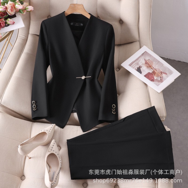 Women's suit, professional attire, long-sleeved jacket, flared pants, elegant hotel reception uniform, two-piece set