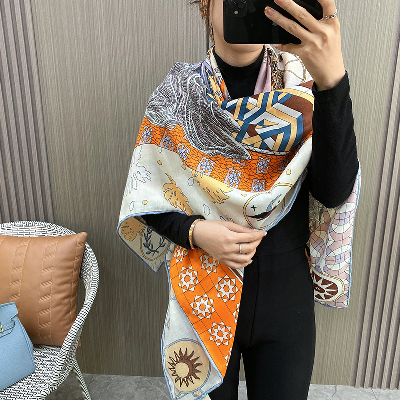 En stock Bufanda de mujer Primavera y otoño Nueva gama alta impresa decorativa bufanda cuadrada grande elegante curling desgaste exterior bufanda caliente chal