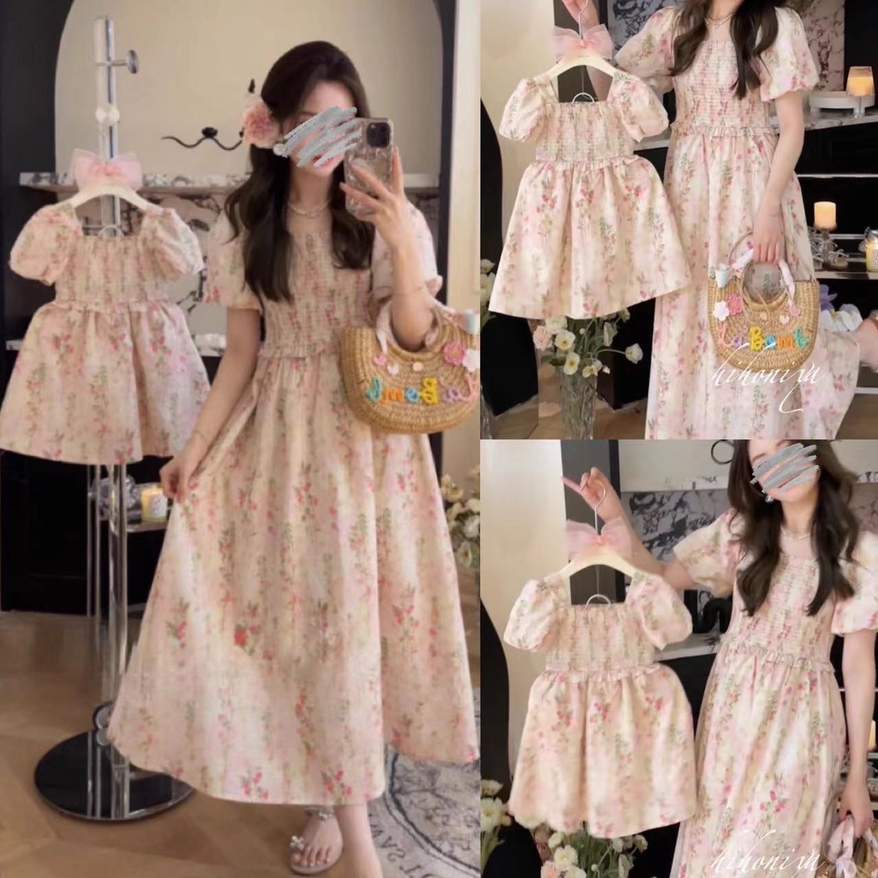 Ropa de verano para padres y niños de Corea del Sur, vestido dulce y lindo, ropa infantil, ropa de madre y niña, falda de manga de burbuja