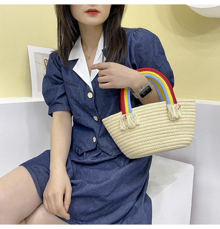 Cute rainbow hand-held small bag for women, new fashionable, casual and trendy women's bag, straw woven bag, beach vacation bag undefined