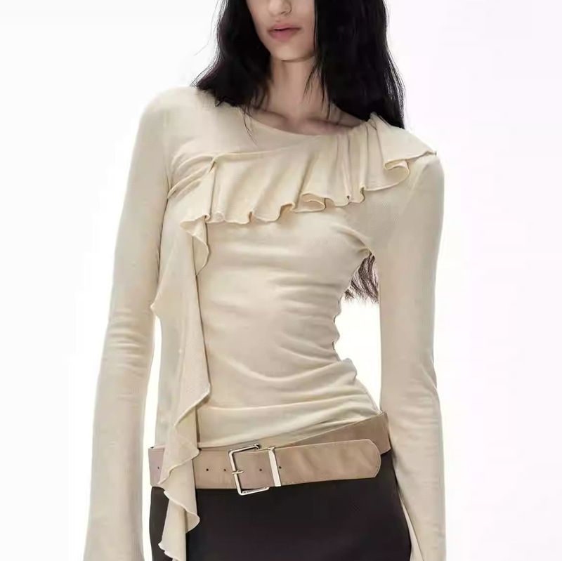 Original Design Asymmetrical Ruffled Sleeves Knitted T-Shirt 2025 Autum