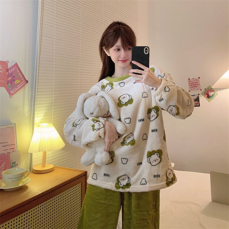 Transfronteriza mayorista franquídea invierno calentamiento grueso ropa doméstica caricatura osos pijamas mujeres coral terciopelo conjunto
