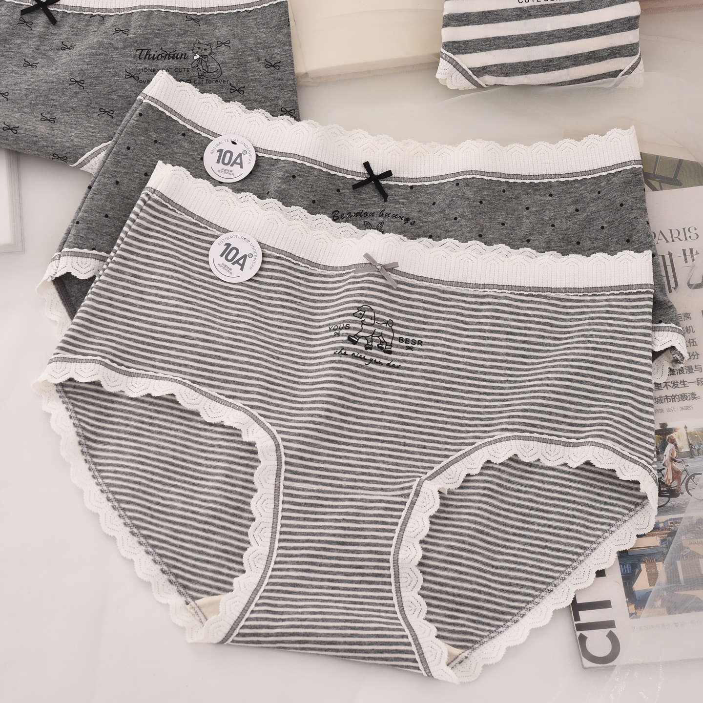 Pure Cotton Cartoon Mid-Waist Underwear Women's Lace Edge Stripesd Polka Dot Korean Style Fashion Girl Student Triangle Shorts