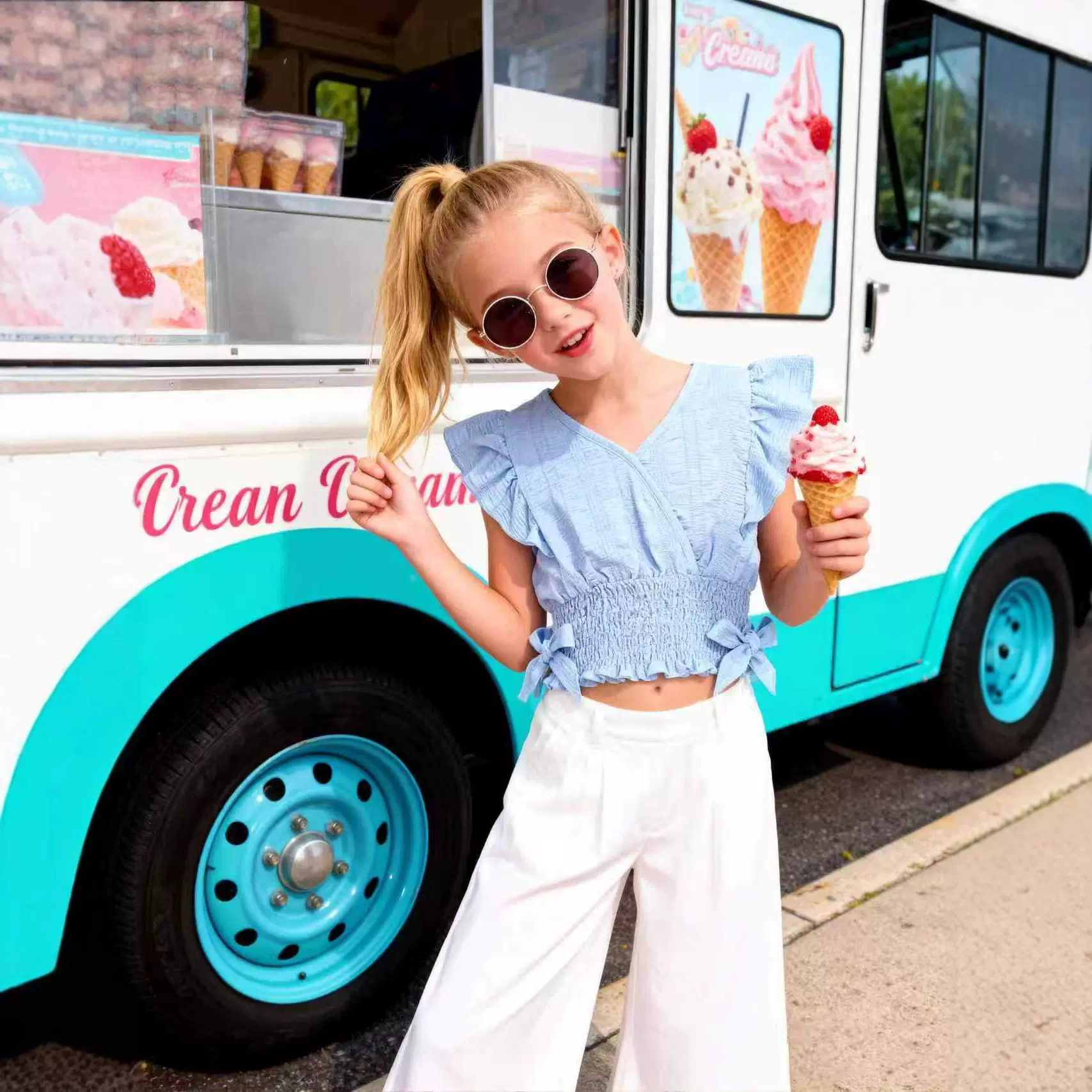 独立站速卖通夏季新款女大童V领飞袖短款T恤外贸收腰褶皱时尚上衣