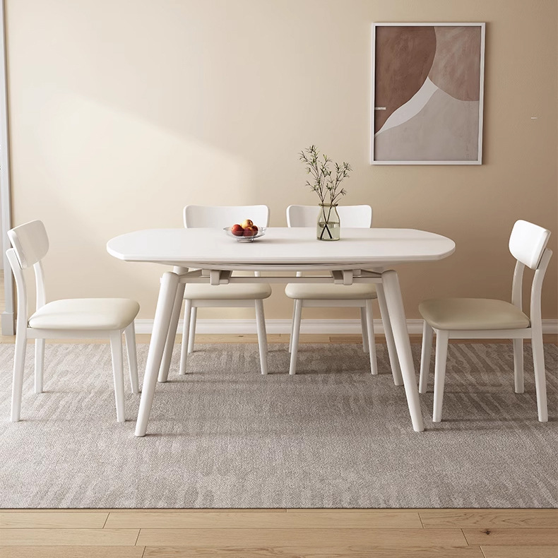 Blanco puro estilo crema roca placa mesa de comedor y silla retráctil plegable combinación redonda moderno simple pequeño apartamento sala de estar hogar