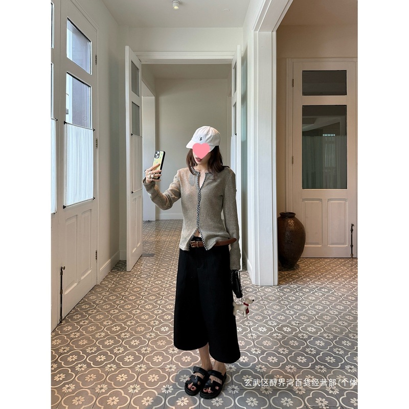 跨境LelyMooch/解构主义门襟格纹扭结包边腰显瘦针织打底衫长袖衣|undefined