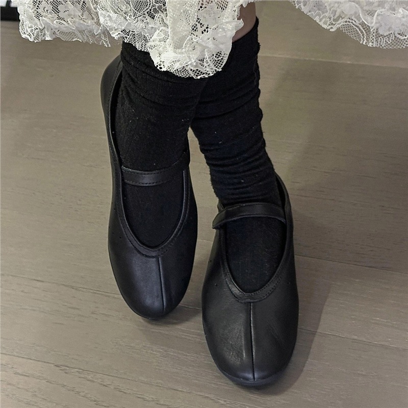 Cowhide Version ~ Flats Ballet Style One-Line Mary Jane Shoes with Velcro for Women, Shallow Mouth Soft Sole Work Shoes for Work