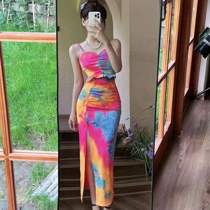 Printed long camisole base bag buttocks printed dress