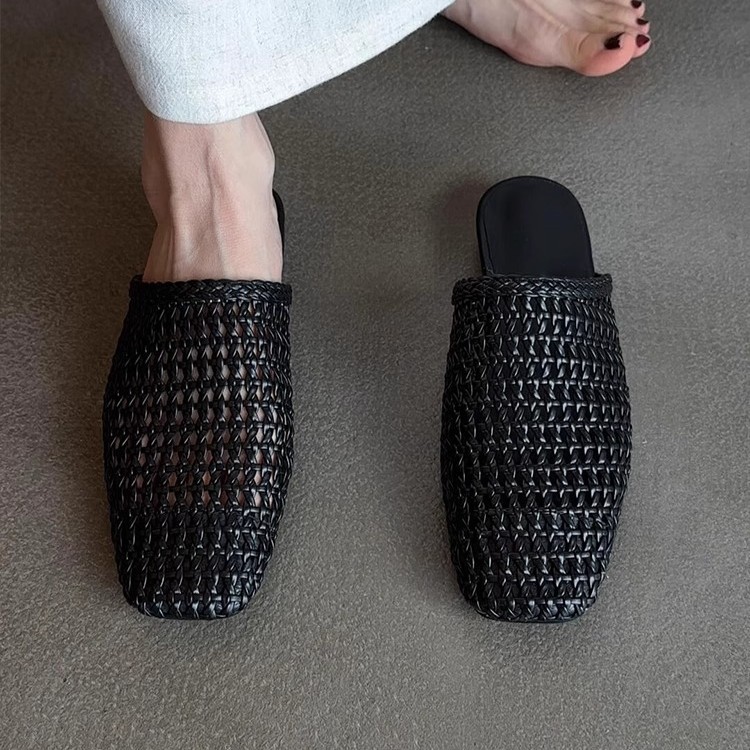 Versión de piel de oveja ~ Sandalias de malla tejida a mano, sandalias de Baotou, estilo francés, todo fósforo, hueco, medias pantuflas planas de cabeza cuadrada