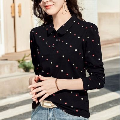時尚翻領長袖女T恤印花白色POLO衫泡泡袖中年大碼打底衫顯瘦棉質T