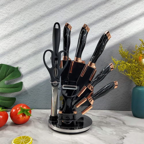 Stainless steel double electroplated head with blade holder, marble pattern handle set kitchen knife set nine-piece sharp
