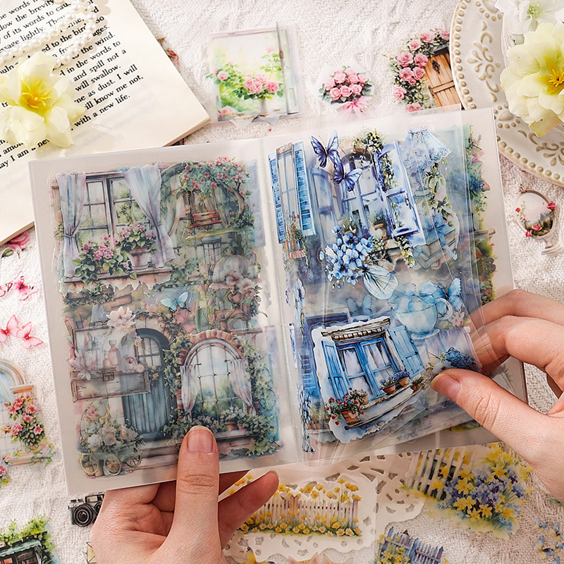 Casa de azulejos vidriados, pegatinas de pet transparentes a prueba de agua, pegatinas de diario de cuenta manual de bricolaje, pegatinas de paisajismo pastoral europeo transfronterizo