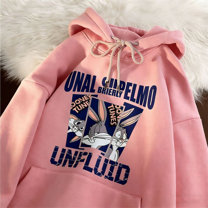 Women's Hooded Sweatshirt Spring and Autumn New Style Cartoon Rabbit Print Loose Casual Couple Style Harajuku Retro Jacket