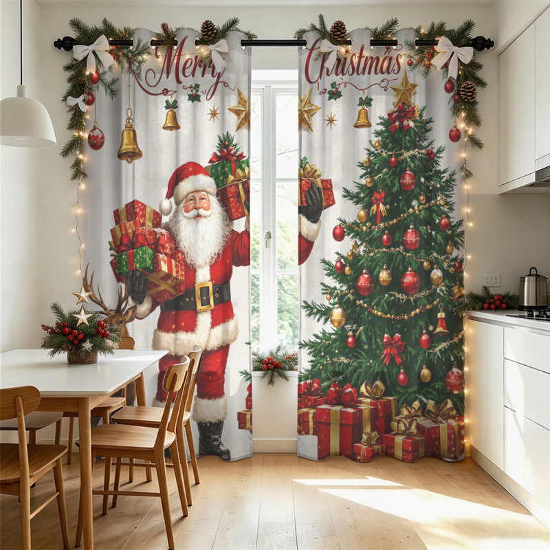 Retro Santa Claus gift, Christmas tree curtain, sheer curtain, Christmas-themed home decor, cross-border drop shipping