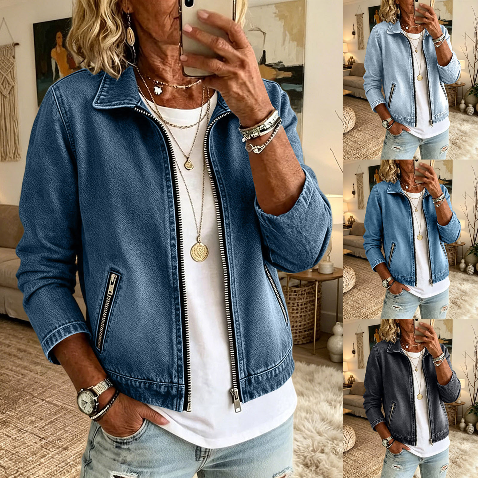 New European and American cross-border fashion item: off-shoulder, washed, versatile, zippered, heavy-duty women's denim jacket