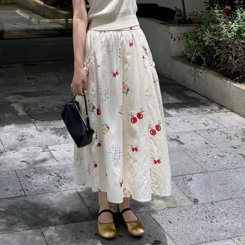 In-Stock Wuhan-Style Girly Romantic Playful Cute Cherry Embroidery Print Long A-Line Umbrella Skirt for Women Summer
