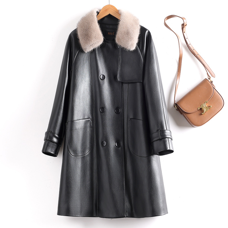 海宁皮衣女中长款过膝pu皮风衣秋冬新款加厚皮羽绒服大衣大码外套