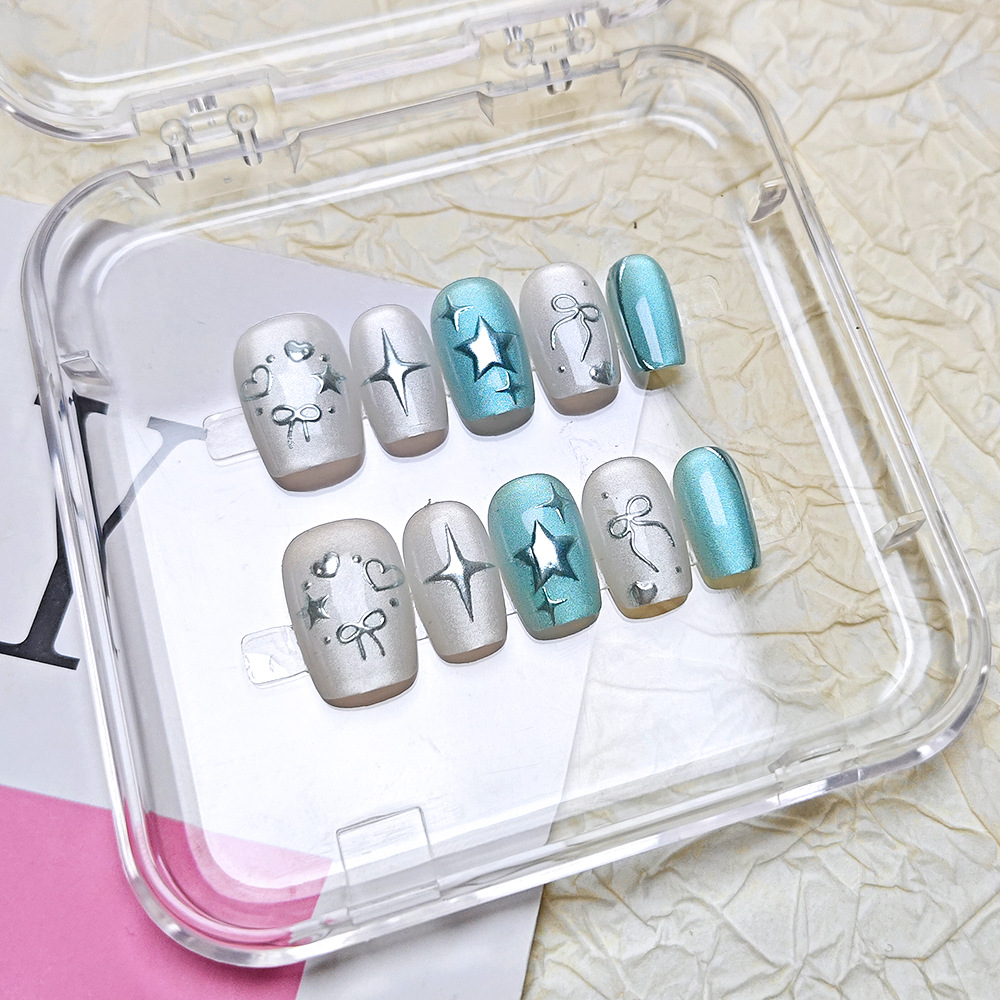 Esmalte de estrella brillante tridimensional 3D 10 piezas de uñas de ojo de gato de código dividido, lazo, amor, uñas hechas a mano