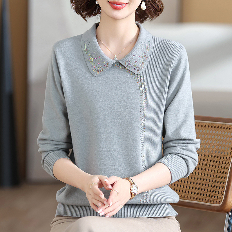 National Style Mom's New Spring Knit Top, Stylish Middle-Aged and Elderly Women's Autumn and Winter Collared Sweater and Base Shirt Set