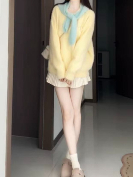 韩系独特超好看套装女秋冬仿貂针织衫上衣女2025显瘦半身裙两件套|undefined