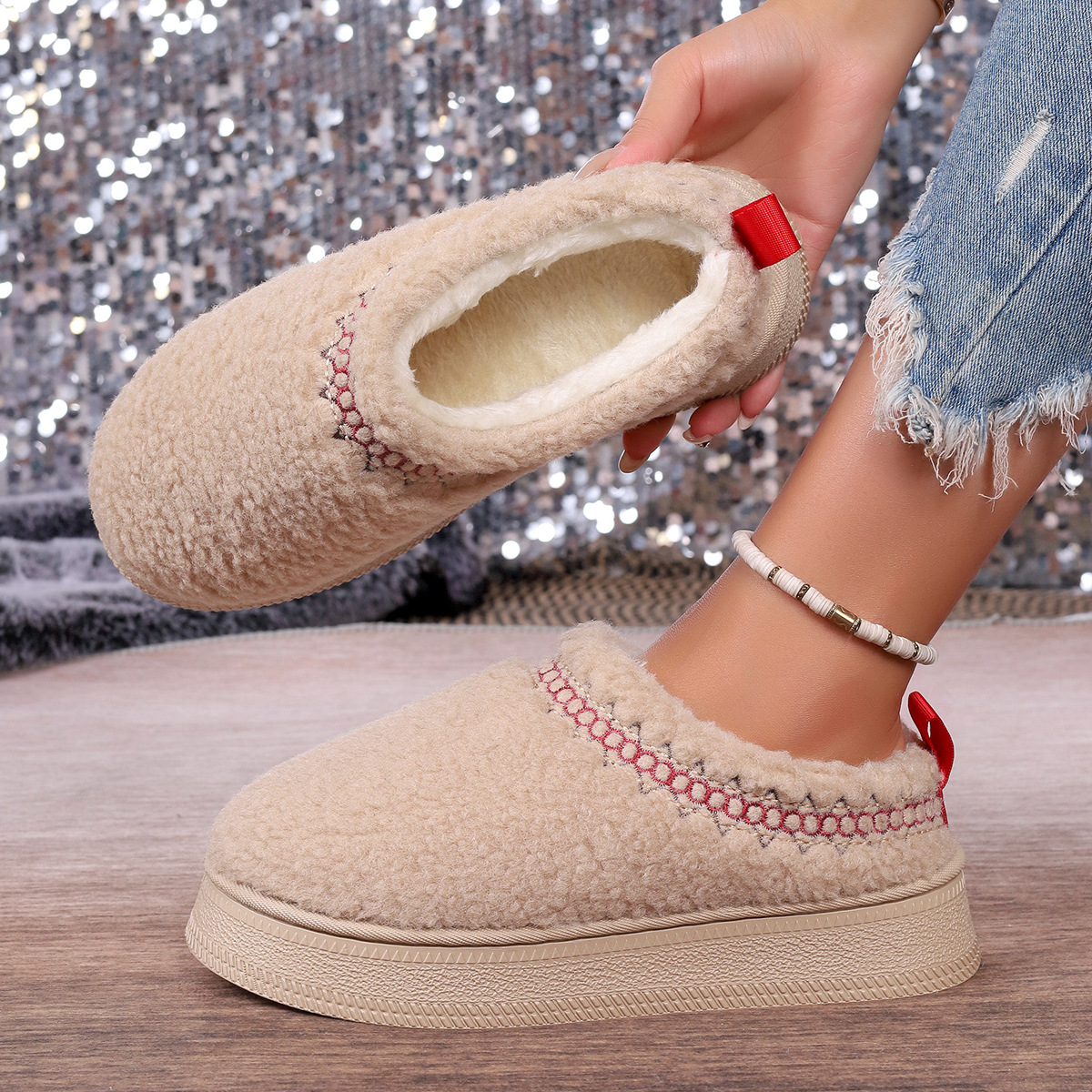 Vastag talpú báránygyapjúból készült, szélálló, téli, baotou félpapucs, női, új, csipkés, gyapjas, hótaposós, pamut papucs_voghion.com